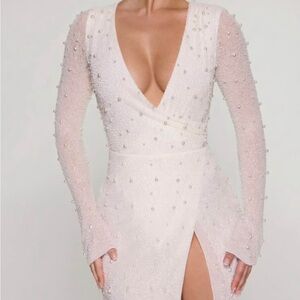 Oh Polly White Long Sleeve Beaded Dress